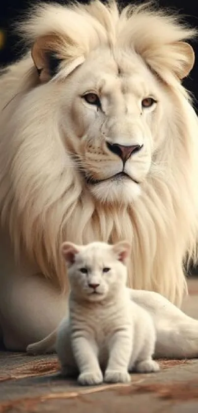 Majestic white lion with its cub, creating an elegant and serene wallpaper.