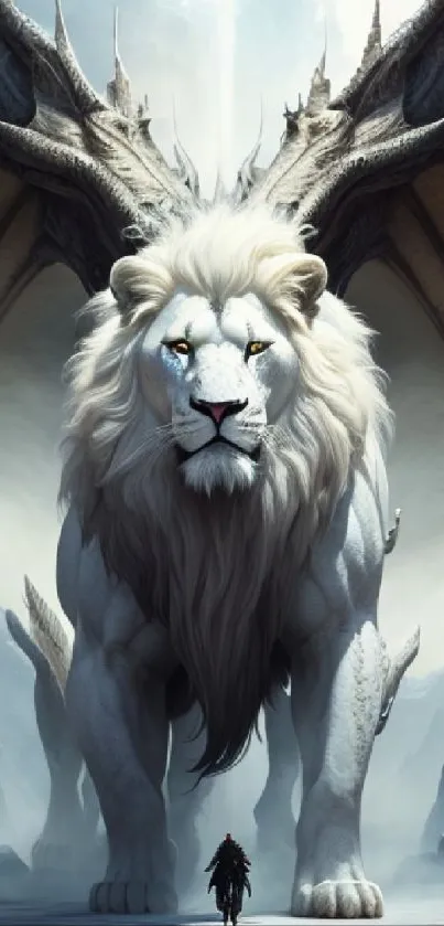 Giant white lion with wings in a fantasy landscape wallpaper.