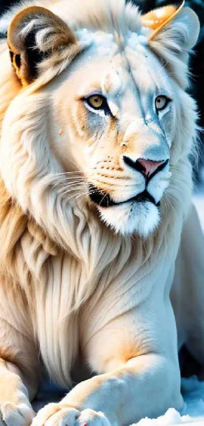 Majestic white lion resting in snowy forest