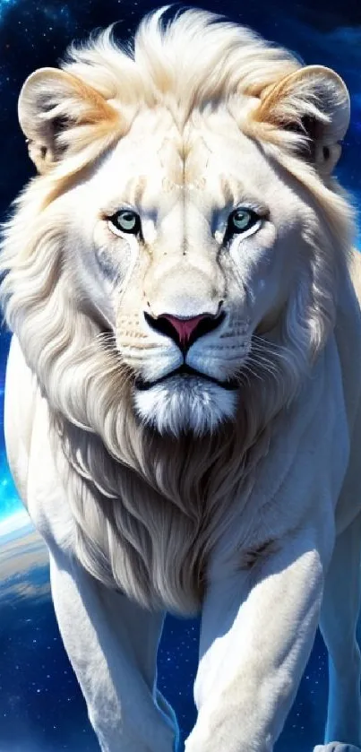 White lion in space with a starry galaxy background.