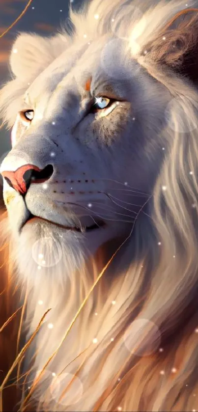 Majestic portrait of a white lion in natural habitat.