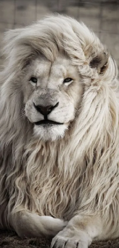 Majestic white lion with flowing mane in serene pose.