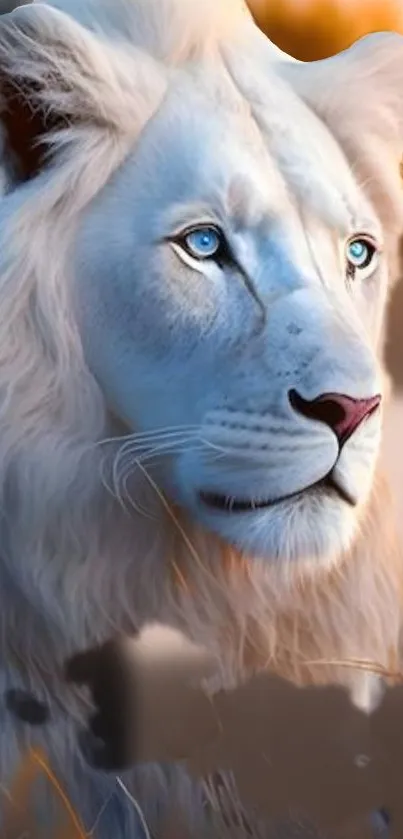 Majestic white lion with blue eyes under natural light.