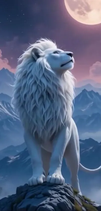 Majestic white lion under a full moon with mountain scenery