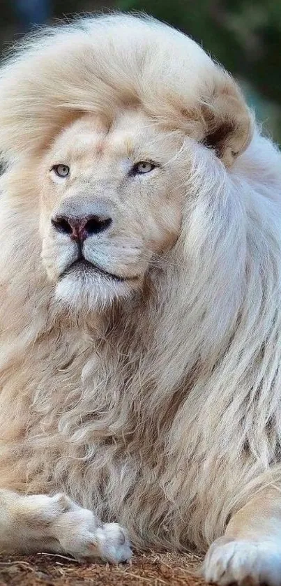 Majestic white lion resting elegantly with soft mane.