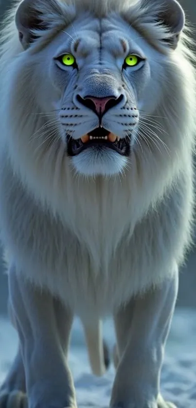 Majestic white lion with green eyes in a snowy setting.