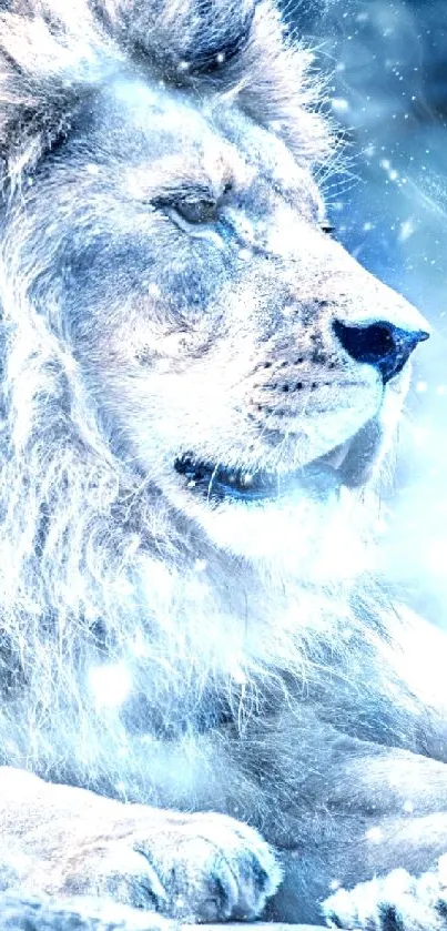 Majestic white lion resting in ethereal blue ambiance.