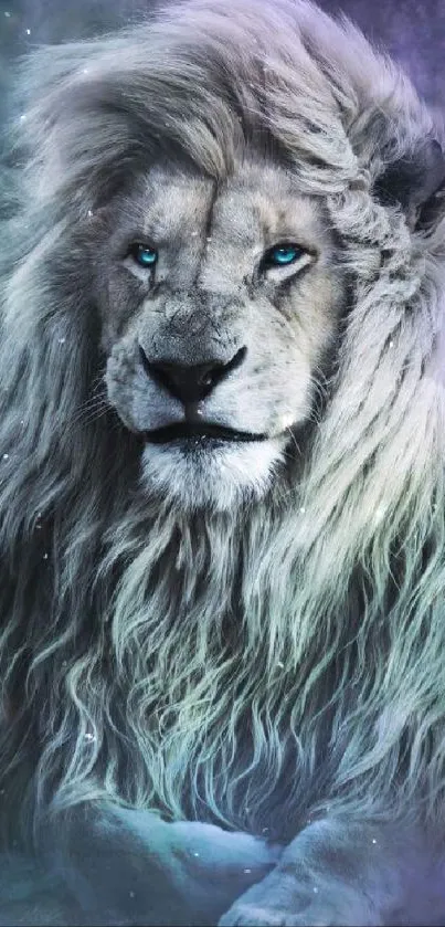 Majestic white lion with blue eyes in mystical setting.