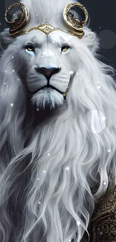 Majestic white lion with gold armor, fantasy art wallpaper.