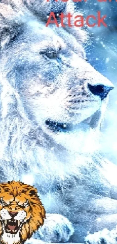 Majestic white lion with snowy background and blue tones.