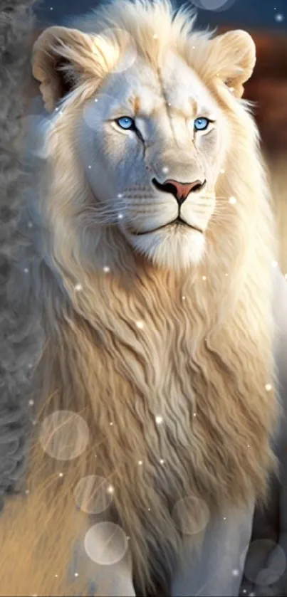 Majestic white lion with blue eyes in a serene natural setting.