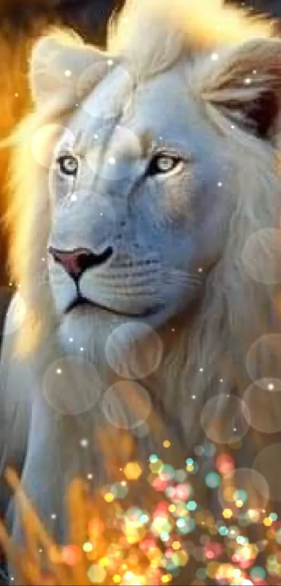 Majestic white lion in golden grass mobile wallpaper.