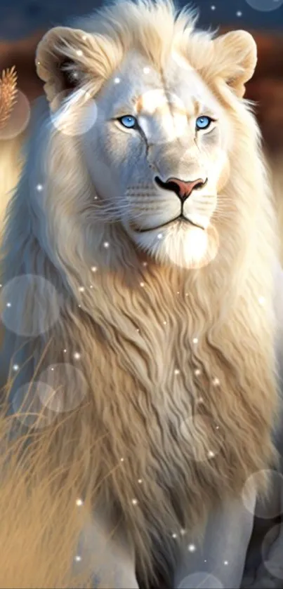 Majestic white lion sitting gracefully in natural surroundings.