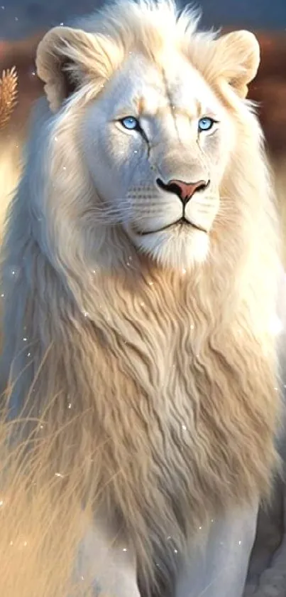 White lion resting in grassland, showcasing its majestic presence.