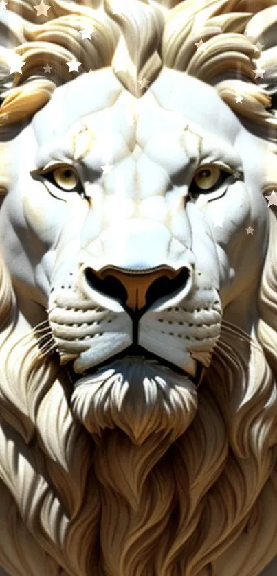 Majestic white lion with golden mane and stars on phone wallpaper.