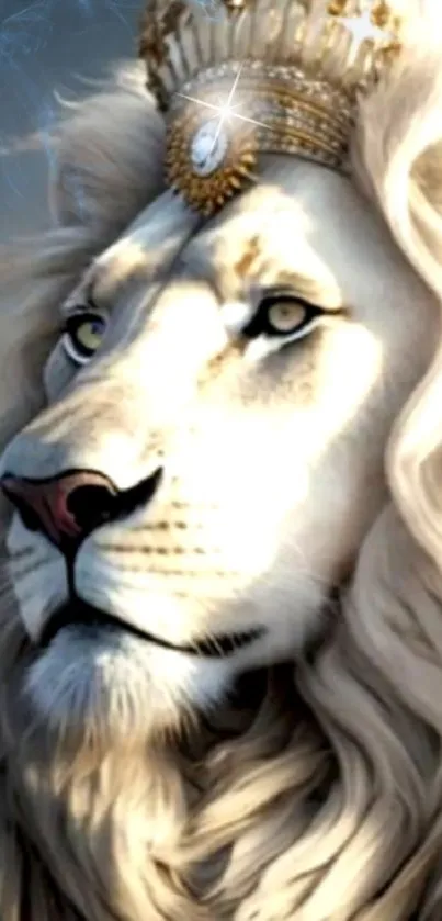 White lion wearing a royal crown against a serene backdrop.