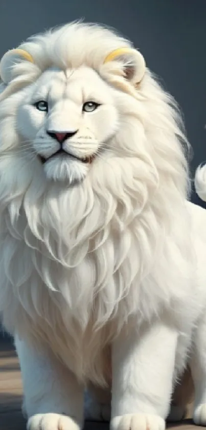 Majestic white lion with detailed fur in an artistic setting.