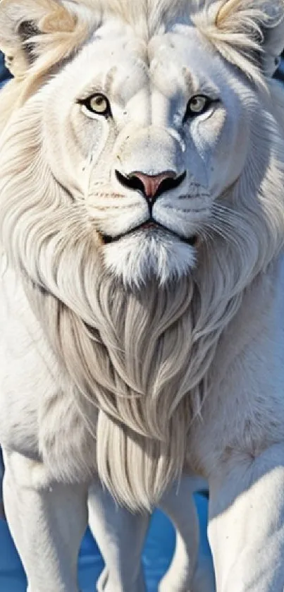 Majestic white lion in a snowy forest.