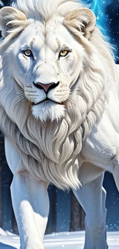 Majestic white lion standing in snowy forest with a lightning strike.