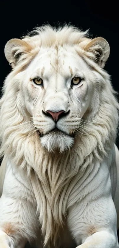 Majestic white lion with flowing mane against a soft dark background.