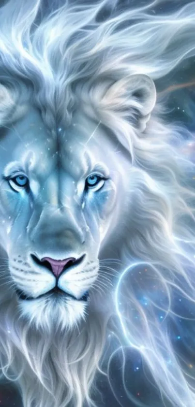 Majestic white lion with a cosmic background in this enchanting mobile wallpaper.