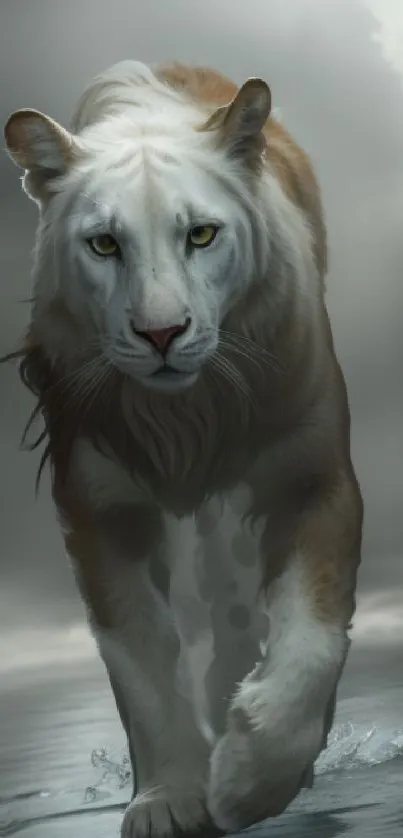 Majestic white lion walking through mist on mobile wallpaper.
