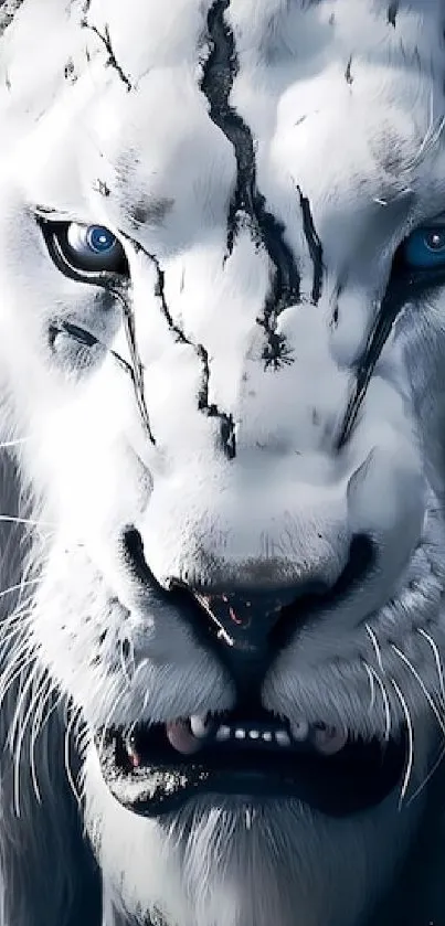 Close-up of a fierce white lion with blue eyes.