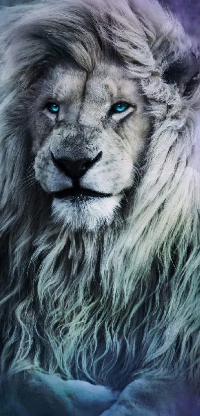 Majestic white lion with blue eyes in a mystical setting.