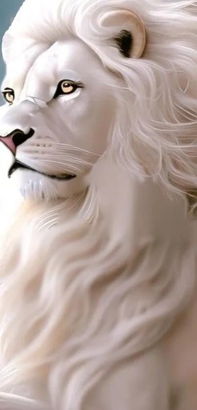 Majestic white lion with flowing mane against a sky backdrop, perfect for mobile wallpaper.