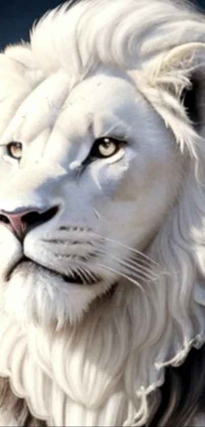 Majestic white lion with flowing mane in serene mobile wallpaper.