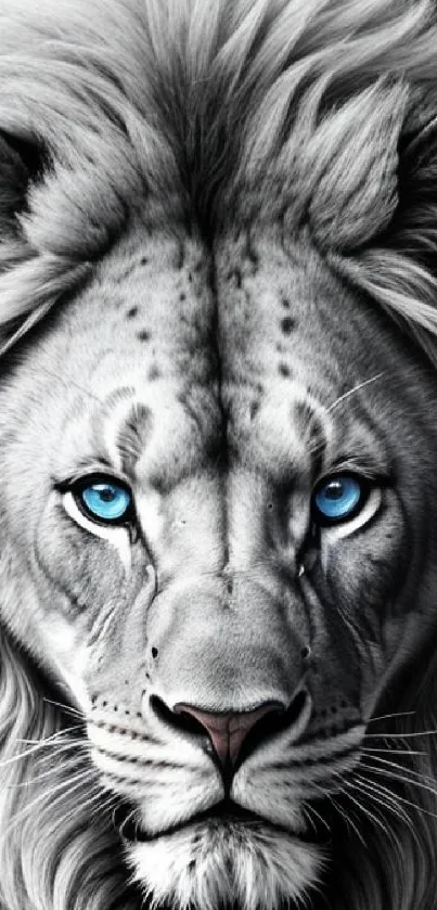 Majestic white lion with blue eyes, portraying elegance and strength.