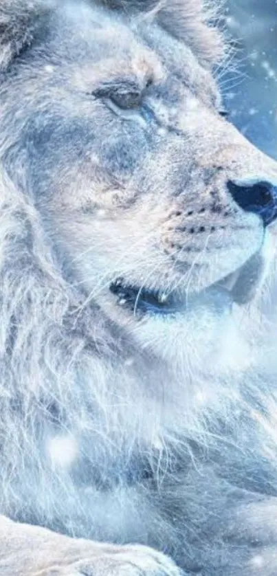 Majestic white lion resting in snowy landscape.