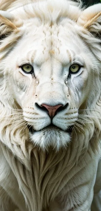 Majestic white lion in natural setting, close-up view.