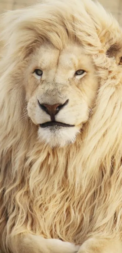 A majestic white lion with a flowing mane in a natural setting.