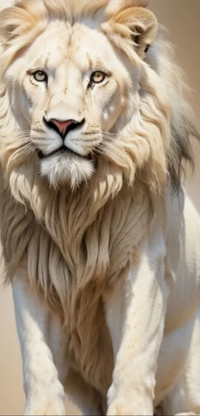 Majestic white lion with a full mane on a beige background.