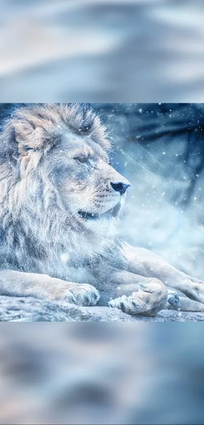 Majestic white lion in a frosty landscape, resting peacefully.