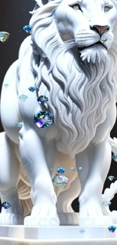 Majestic white lion statue with sparkling crystals, perfect for mobile wallpaper.