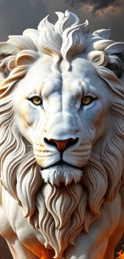 Majestic white lion with fiery accents and a cloudy background.