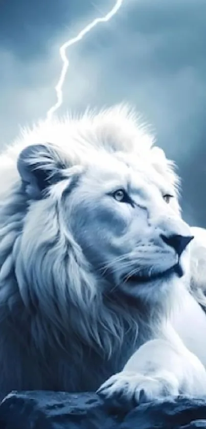 White lion with lightning in a stormy sky.
