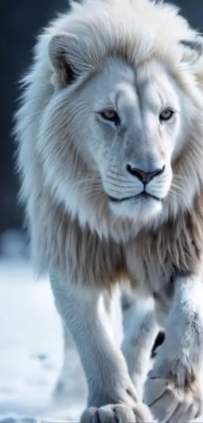 Majestic white lion walking in snow.