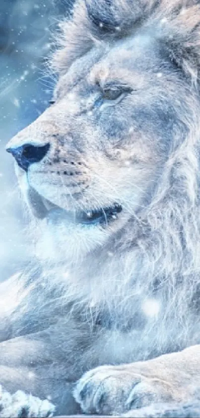 Majestic white lion resting in the snow.