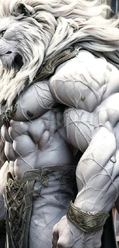 Majestic white lion warrior in urban setting, fantasy art.