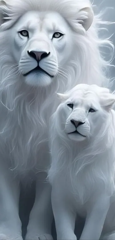 Majestic white lions in artistic fantasy design.