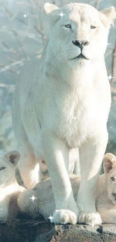 Majestic white lions in a serene natural setting, perfect for a mobile wallpaper.