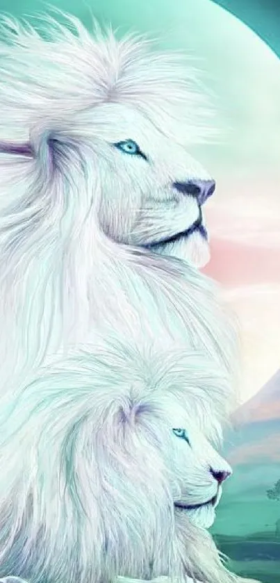 Majestic white lions set against a vibrant sky with a soft landscape.