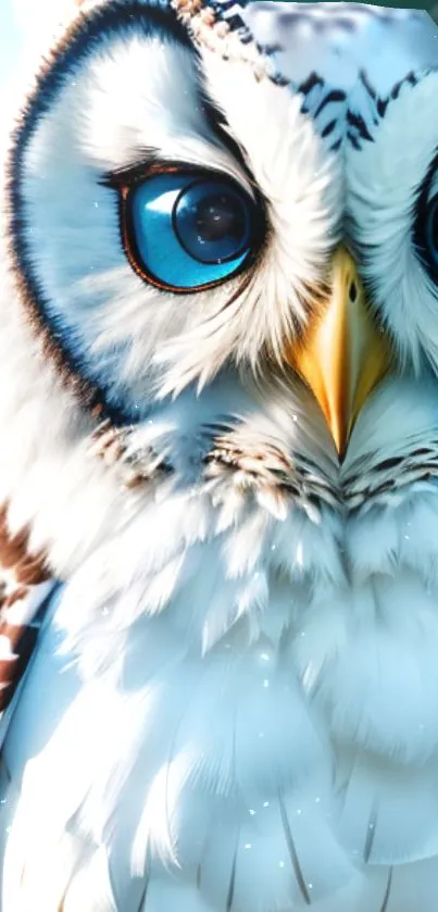 Elegant white owl with blue eyes and detailed feathers on a mobile wallpaper.