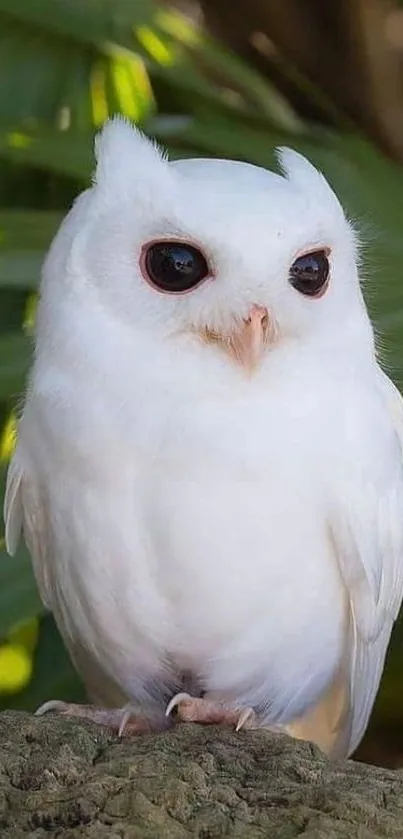 Majestic white owl in a lush green forest setting.