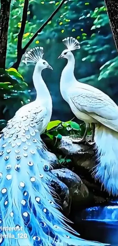 Two elegant white peacocks in a lush forest setting.