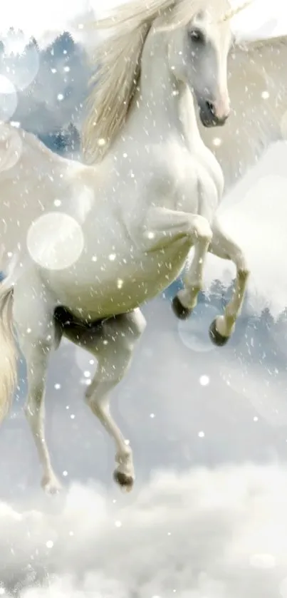 White Pegasus soaring in snowy sky wallpaper.