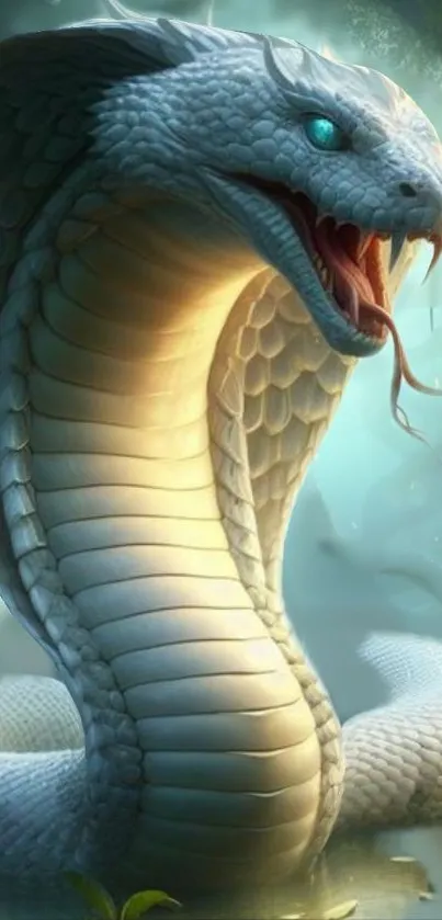 White serpent with open mouth and vivid blue eyes